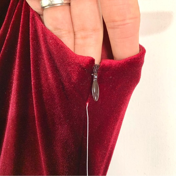 NWT Eliza J Velvet High Low Long Dress Size 14 Burgundy Cowl Neck Drape Rosette - Picture 6 of 15